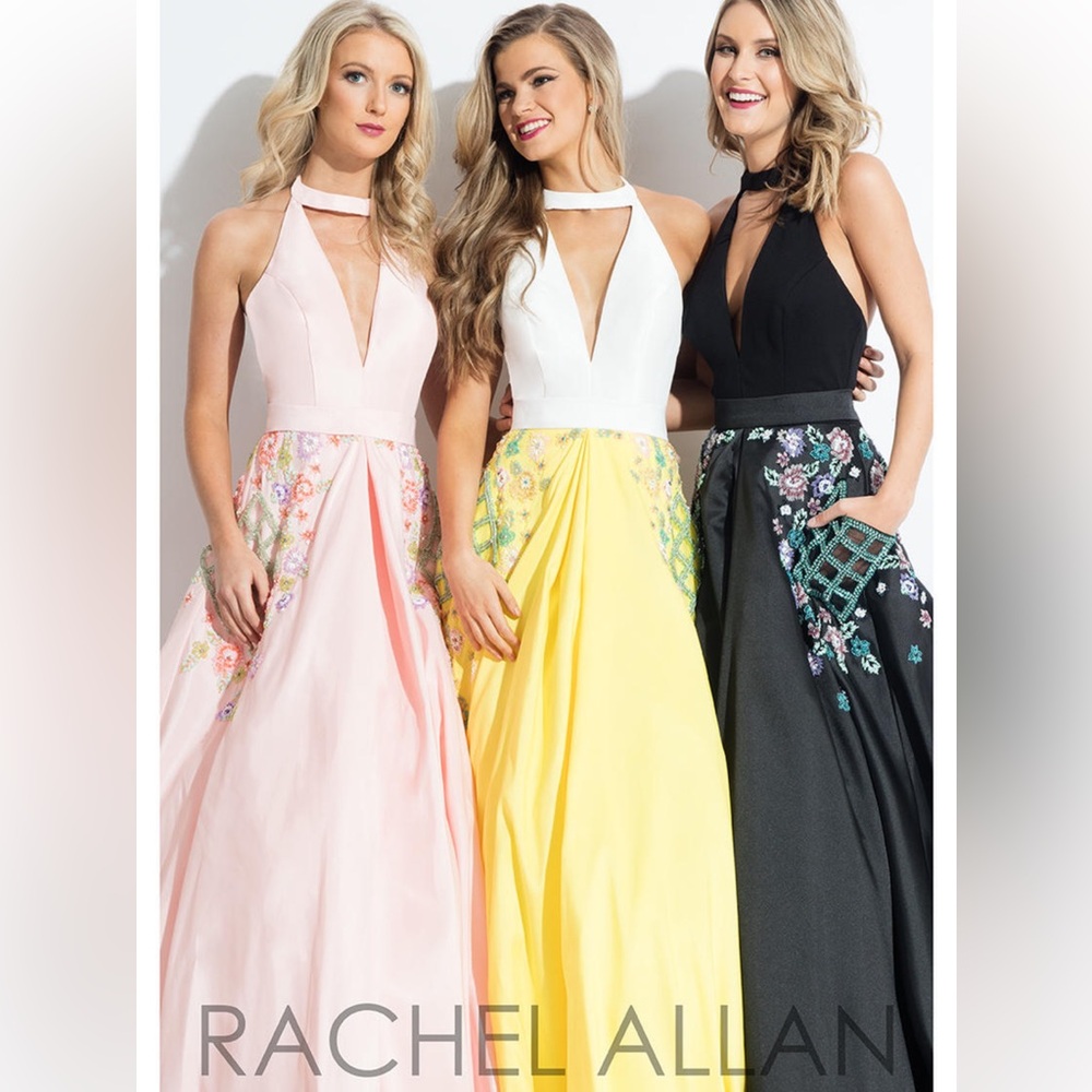 RACHEL ALLAN Yellow white beaded halter neck long prom dress model 7565 size 8